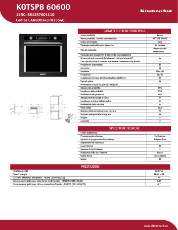 KitchenAid KOTSPB 60600 Oven Product Data Sheet | Manualzz