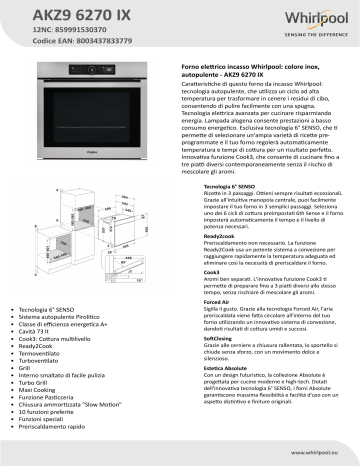 Whirlpool AKZ9 6270 IX Oven Product Data Sheet | Manualzz