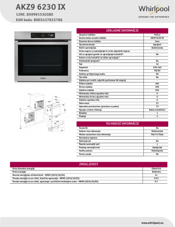 Whirlpool AKZ9 6230 IX Oven Product Data Sheet | Manualzz