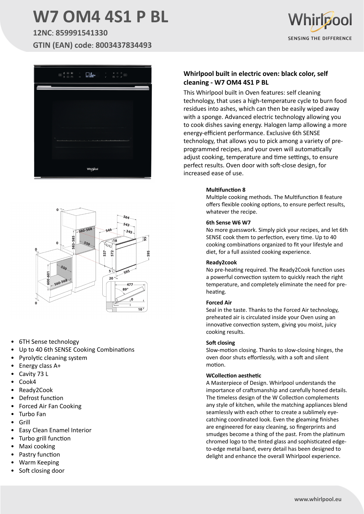 Whirlpool W7 OM4 4S1 P BL Oven Product Data Sheet | Manualzz