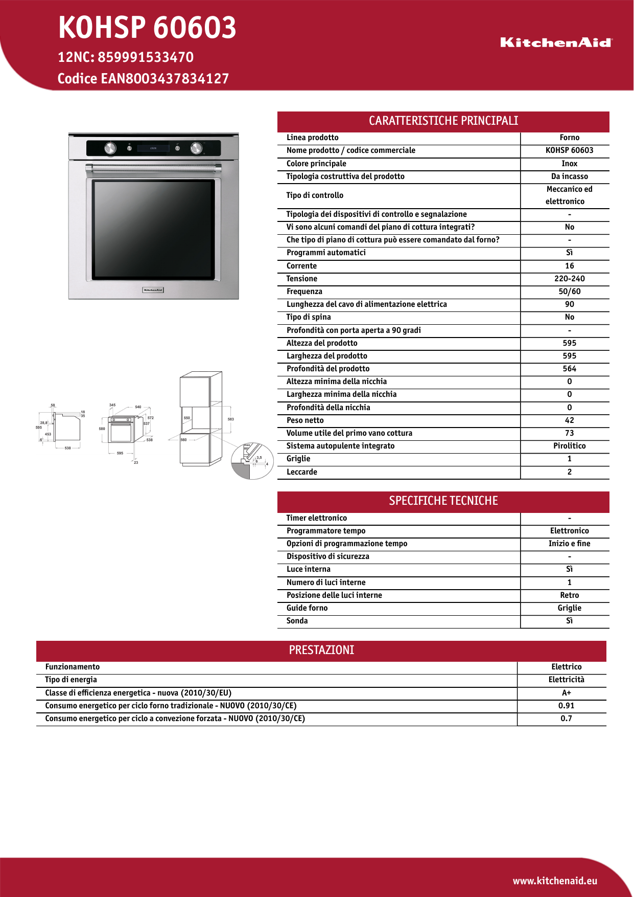 KitchenAid KOHSP 60603 Oven Product Data Sheet | Manualzz