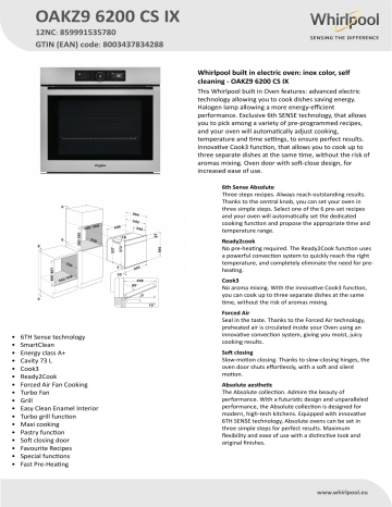 Whirlpool OAKZ9 6200 CS IX Oven Product Data Sheet | Manualzz