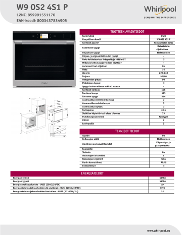 Whirlpool W9 OS2 4S1 P Oven Product Data Sheet | Manualzz