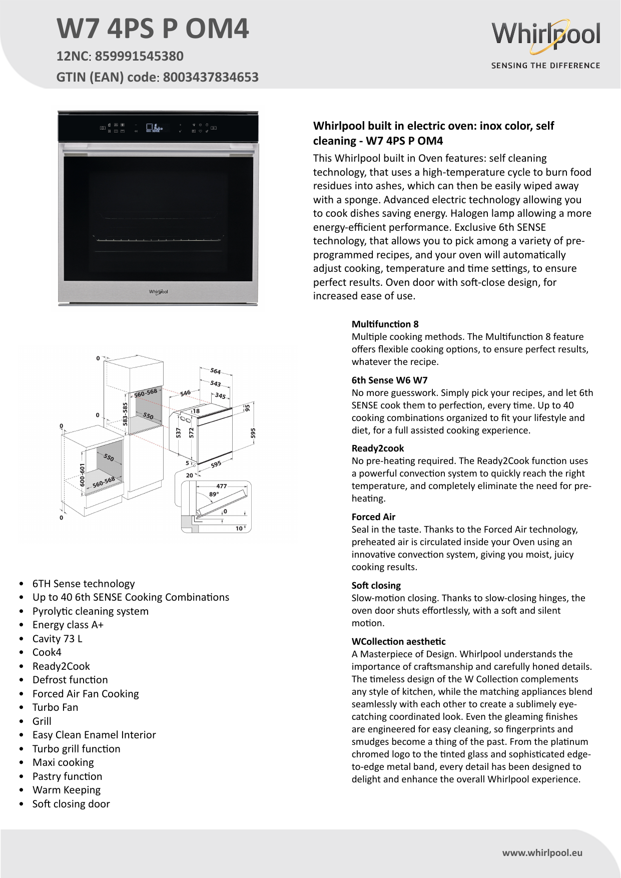 Whirlpool W7 4PS P OM4 Oven Product Data Sheet | Manualzz
