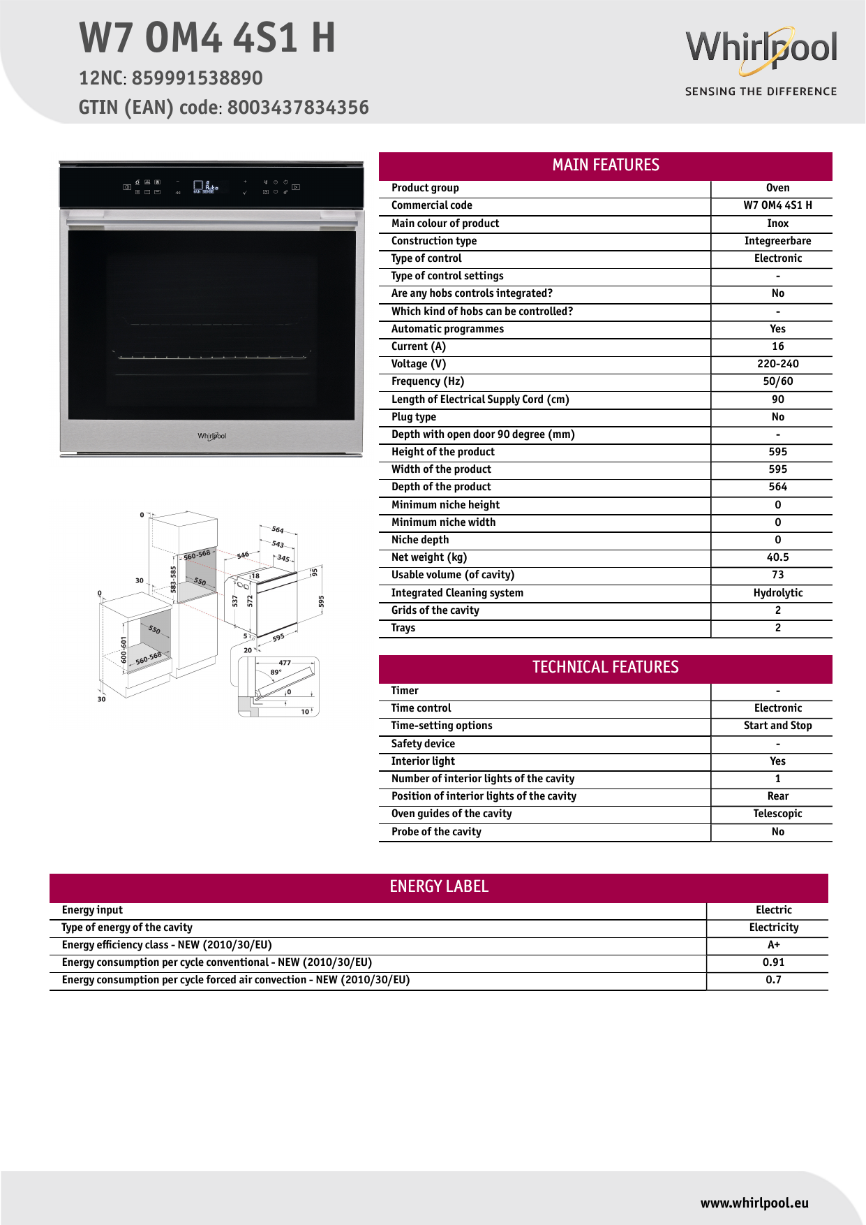 Whirlpool W7 OM4 4S1 H Oven Product Data Sheet | Manualzz