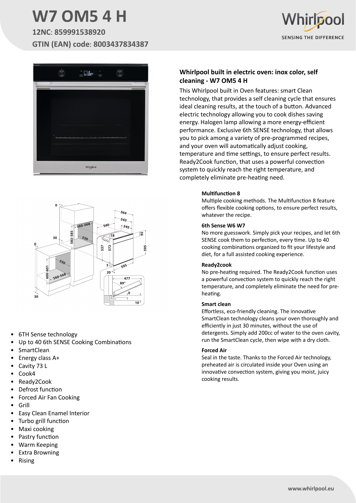 Whirlpool W7 OM5 4 H Oven Product Data Sheet | Manualzz