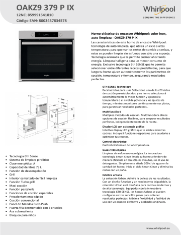 Whirlpool OAKZ9 379 P IX - Horno multifunción inox con pirólisis 6th Sense  - Lacasadelelectrodomestico.com