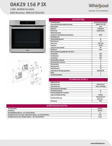 Whirlpool OAKZ9 156 P IX Oven Product Data Sheet | Manualzz