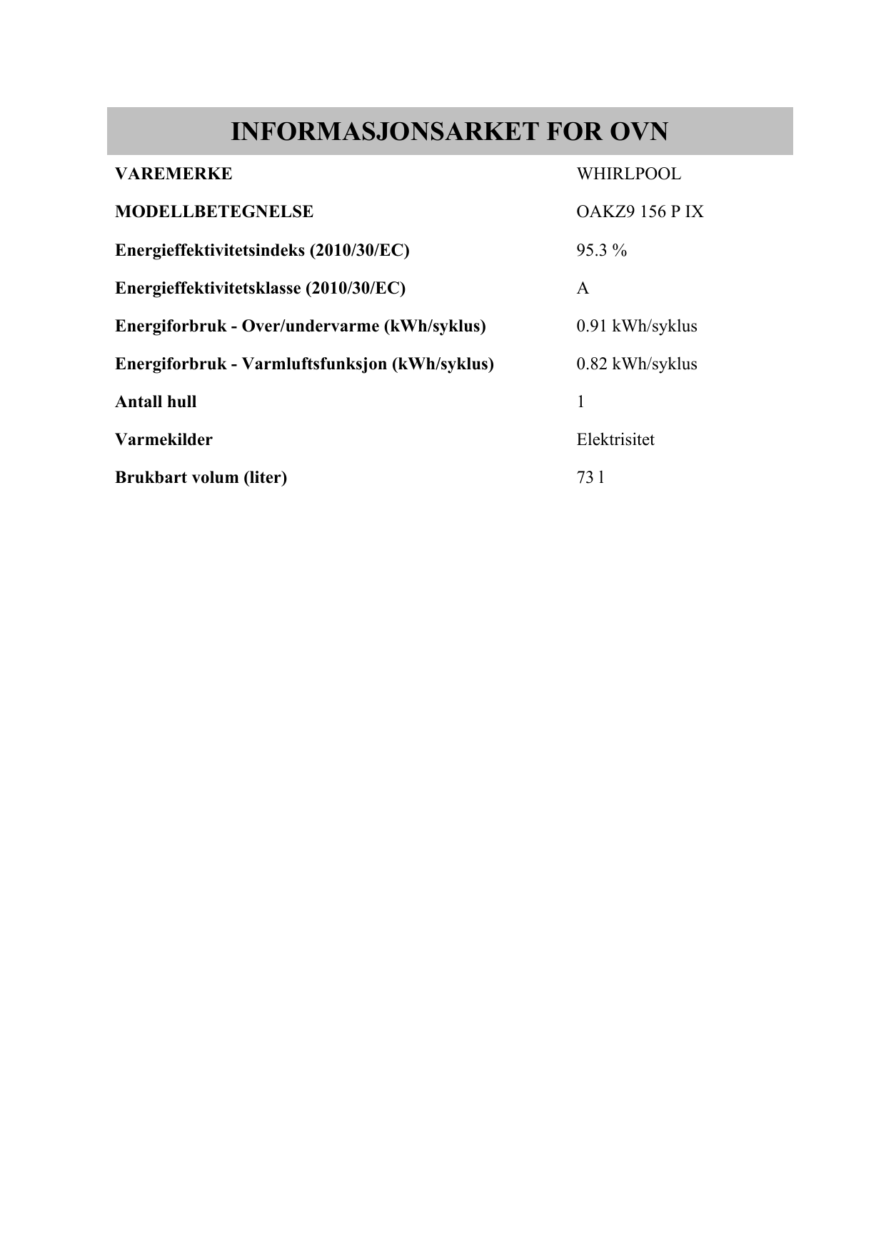 Whirlpool OAKZ9 156 P IX Oven Product Fiche | Manualzz