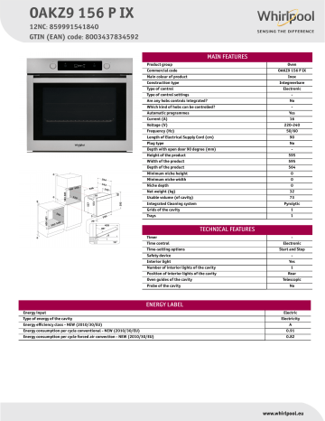 Whirlpool OAKZ9 156 P IX Oven Product Data Sheet | Manualzz