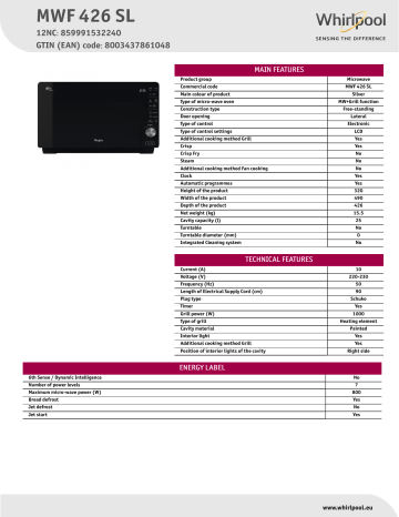 Whirlpool MWF 426 SL Microwave Product Data Sheet | Manualzz