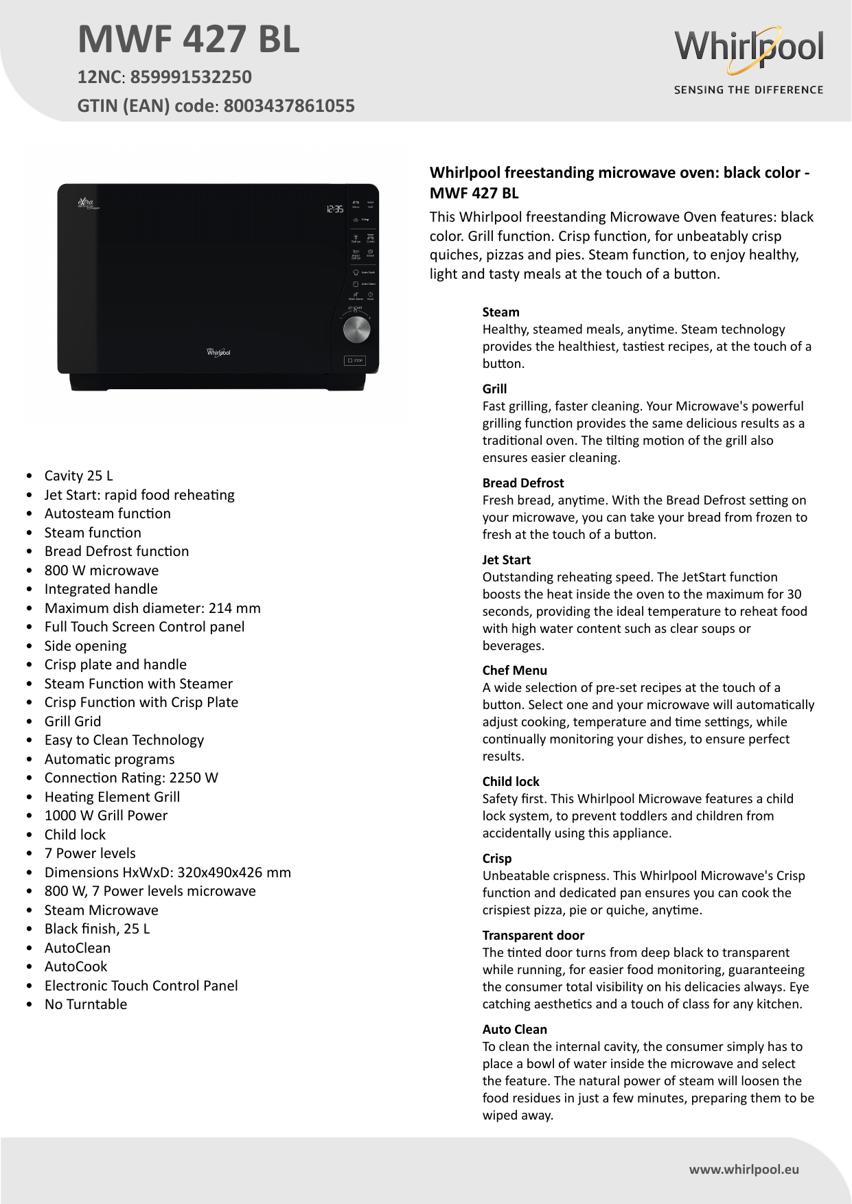 Whirlpool MWF 427 BL Microwave Product Data Sheet | Manualzz