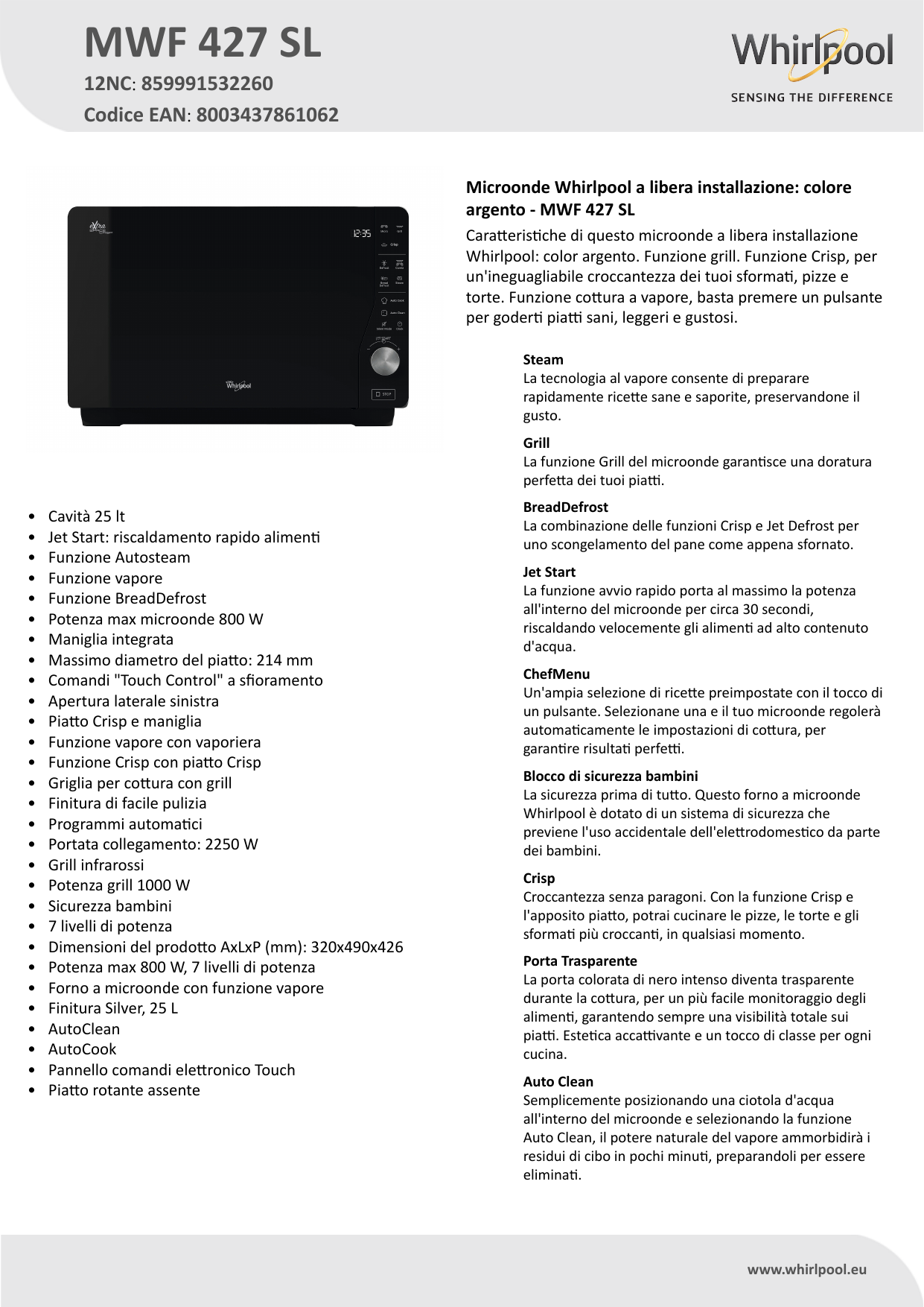 Whirlpool MWF 427 SL Microwave Product Data Sheet | Manualzz