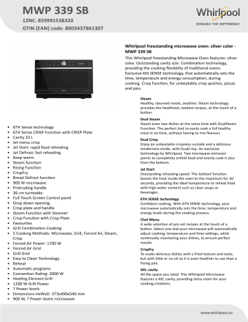 Whirlpool MWP 339 SB Microwave Product Data Sheet | Manualzz