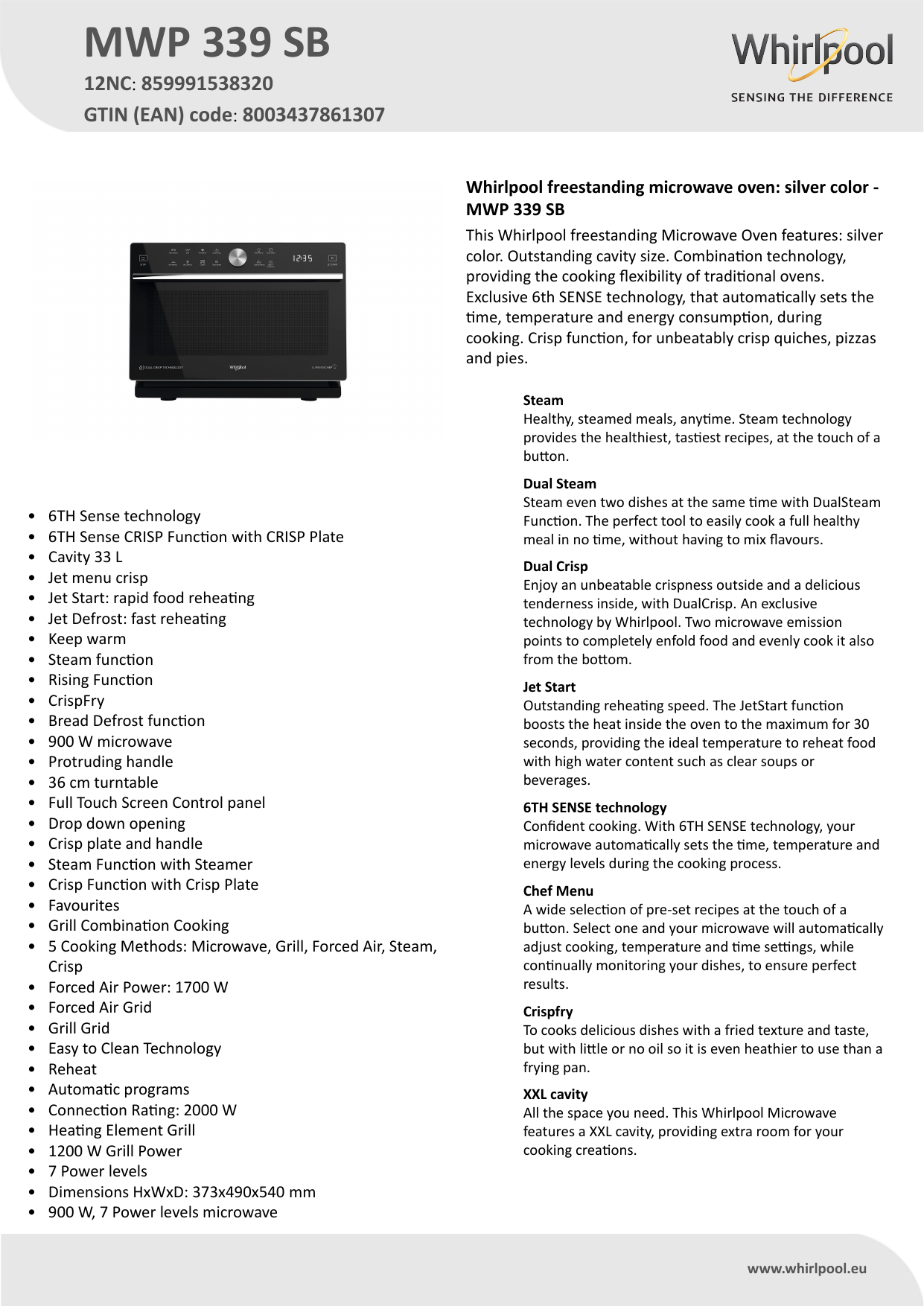 Whirlpool MWP 339 SB Microwave Product Data Sheet | Manualzz
