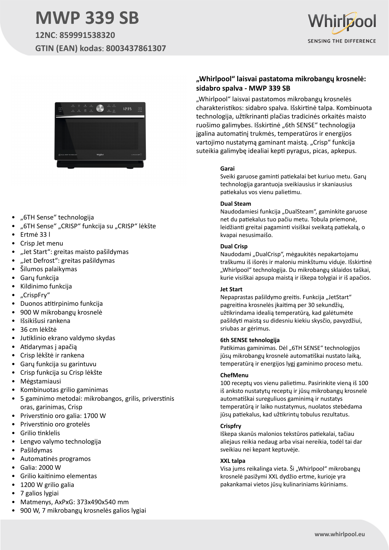 Whirlpool MWP 339 SB Microwave Product Data Sheet | Manualzz