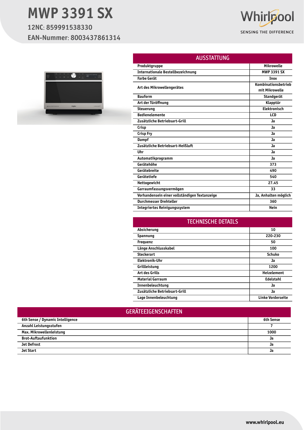 Whirlpool MWP 3391 SX Microwave Product Data Sheet | Manualzz