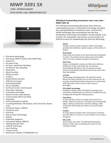 Whirlpool MWP 3391 SX Microwave Product Data Sheet | Manualzz