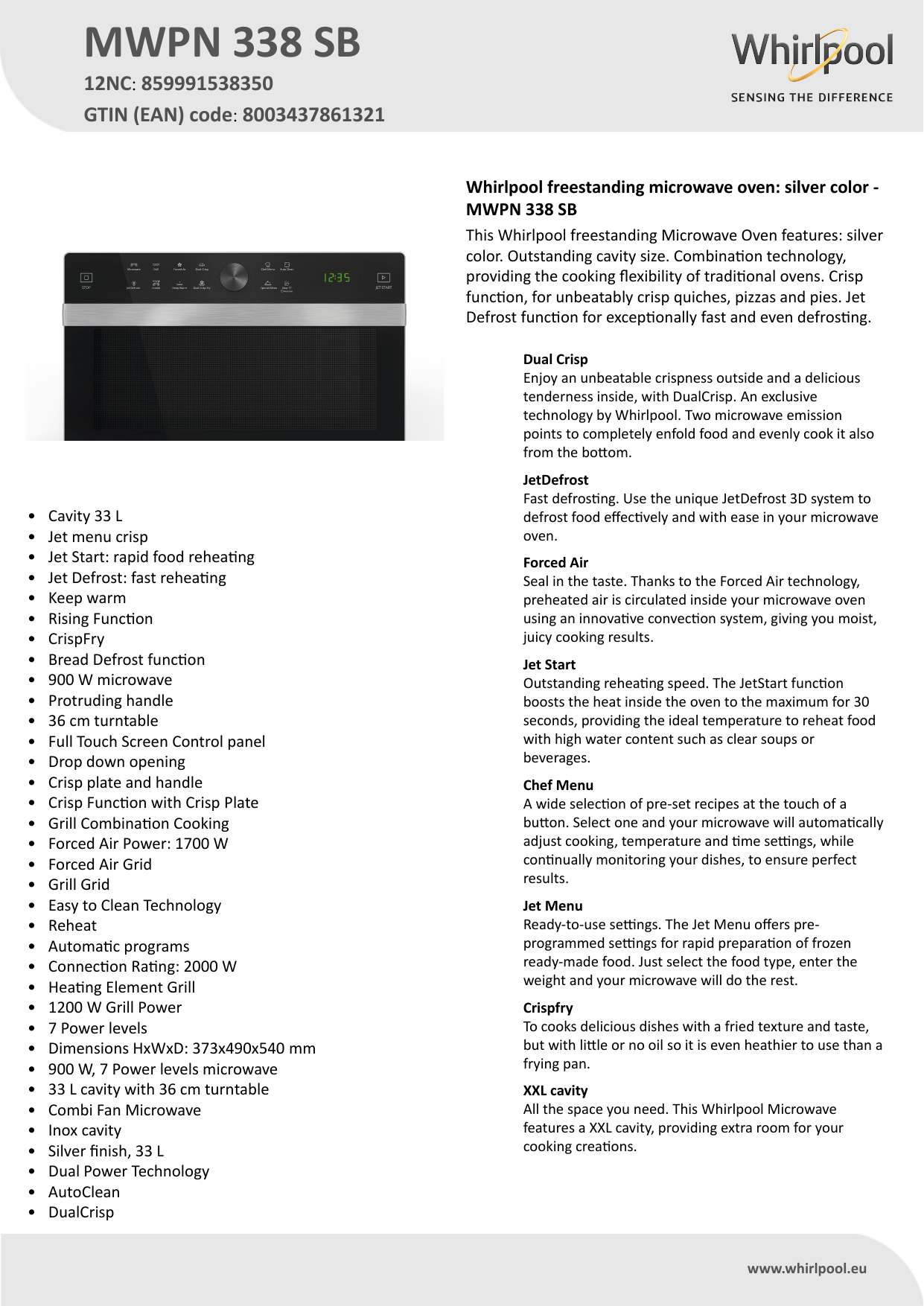 Whirlpool MWPN 338 SB Microwave Product Data Sheet | Manualzz