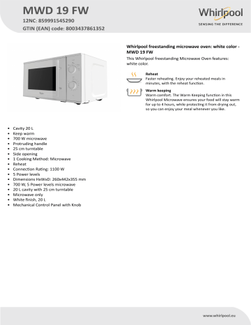 Whirlpool MWD 19 FW Microwave Product Data Sheet | Manualzz