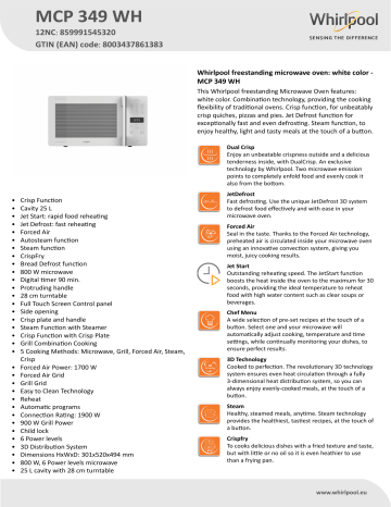 Whirlpool MCP 349 WH Microwave Product Data Sheet | Manualzz