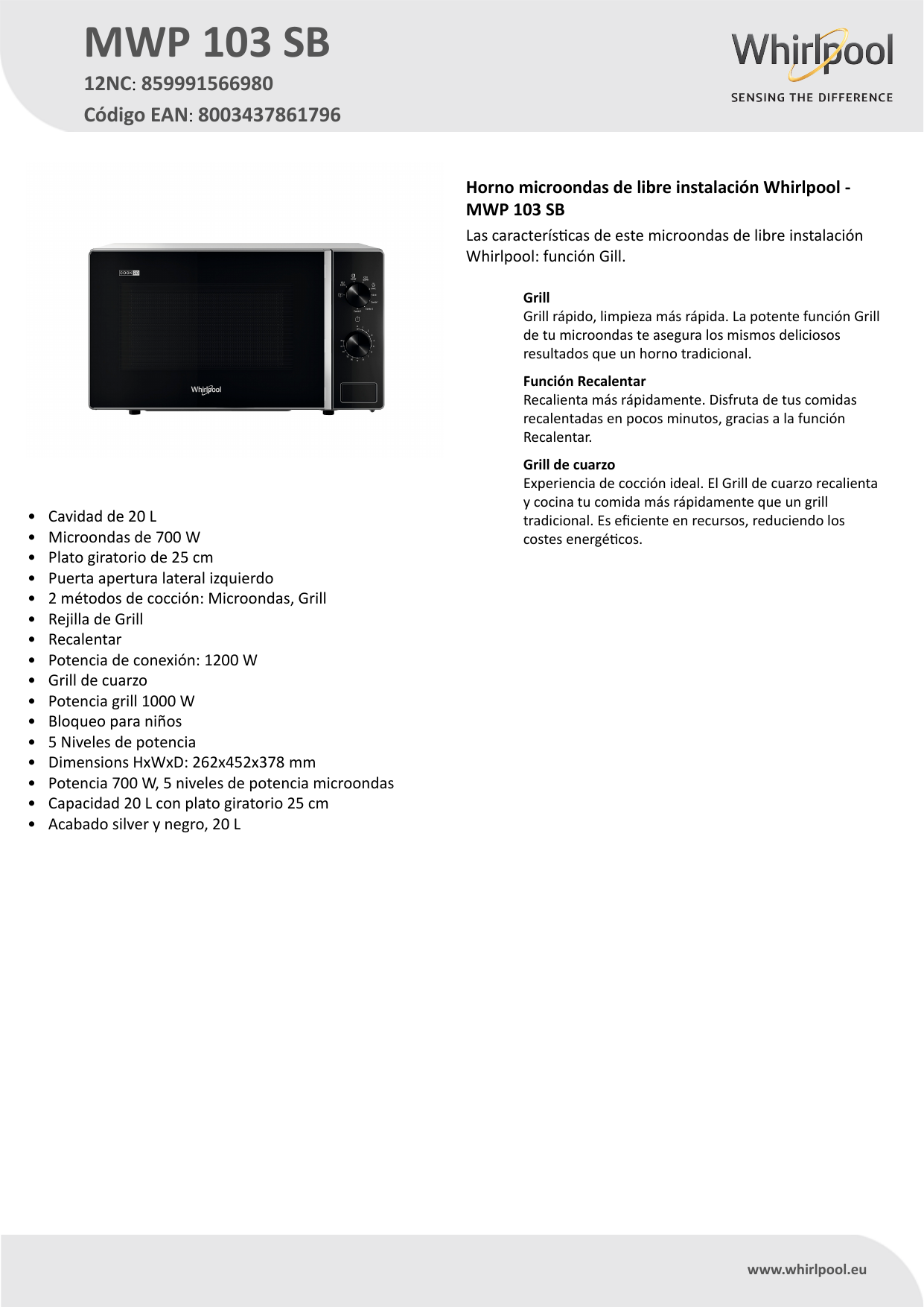 Whirlpool MWP 103 SB Microwave Product Data Sheet | Manualzz