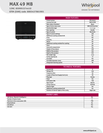 Whirlpool MAX 49 MB Microwave Product Data Sheet | Manualzz