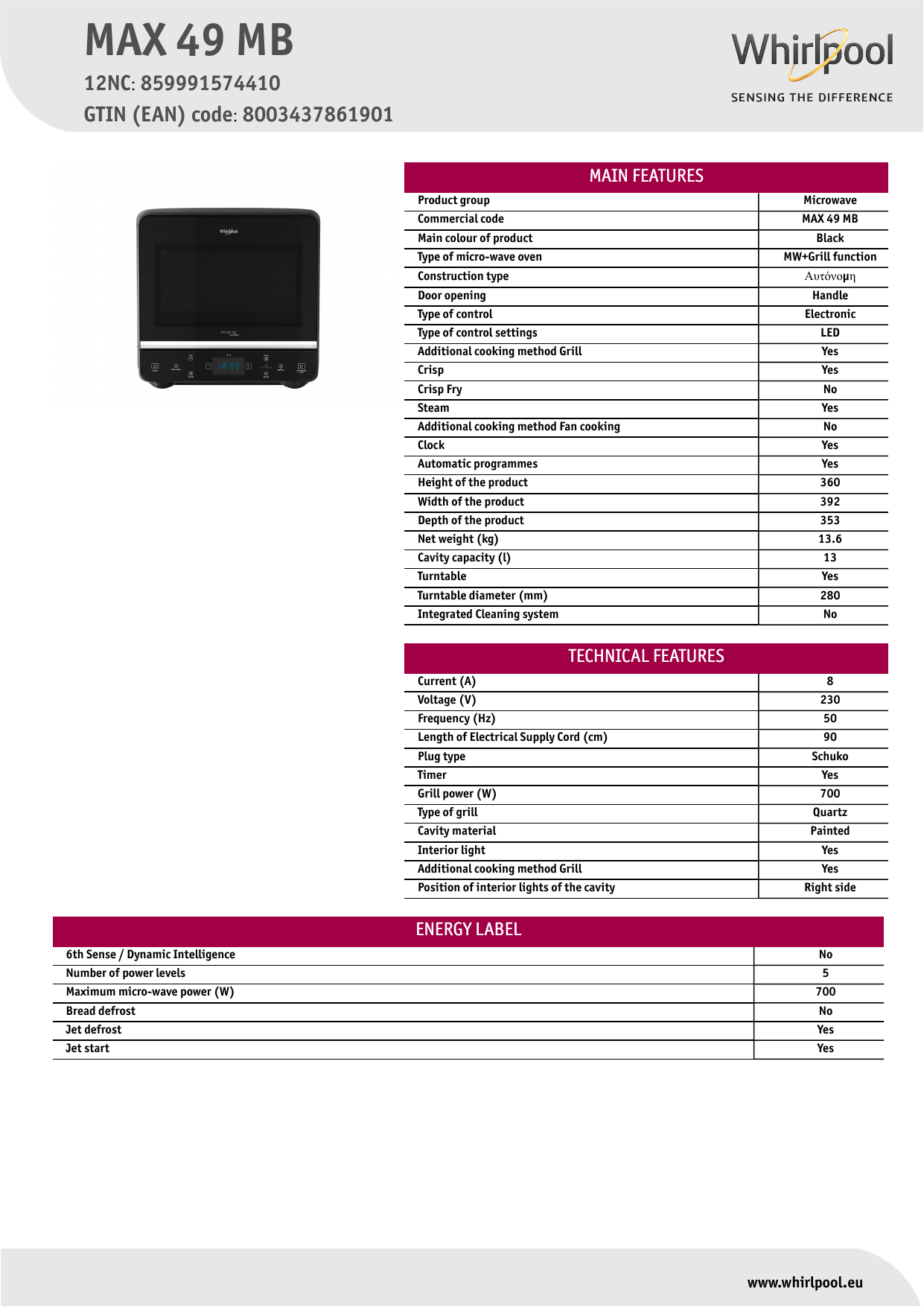 Whirlpool MAX 49 MB Microwave Product Data Sheet | Manualzz