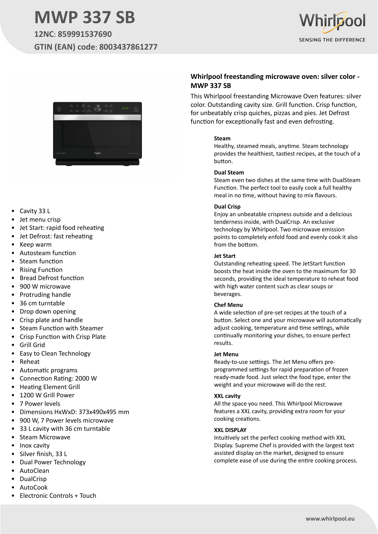 Whirlpool MWP 337 SB Microwave Product Data Sheet | Manualzz