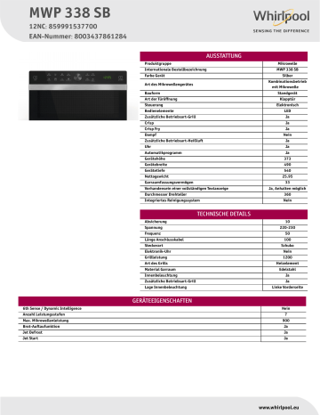 Whirlpool MWP 338 SB Microwave Product Data Sheet | Manualzz