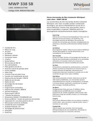 Whirlpool MWP 338 SB Microwave Product Data Sheet | Manualzz