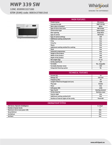 Whirlpool MWP 339 SW Microwave Product Data Sheet | Manualzz