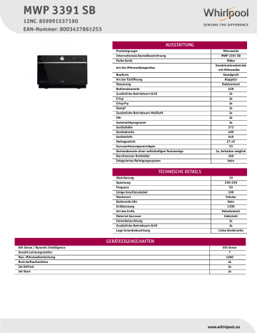 Whirlpool MWP 3391 SB Microwave Product Data Sheet | Manualzz