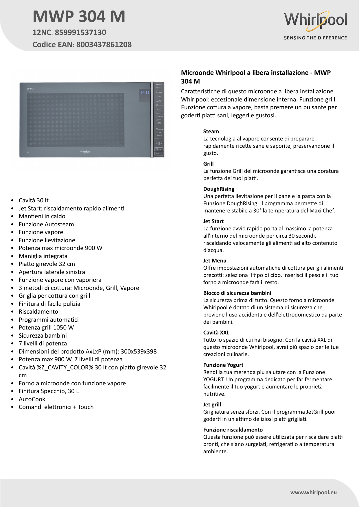 Whirlpool MWP 304 M Microwave Product Data Sheet | Manualzz