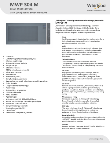 Whirlpool MWP 304 M Microwave Product Data Sheet | Manualzz