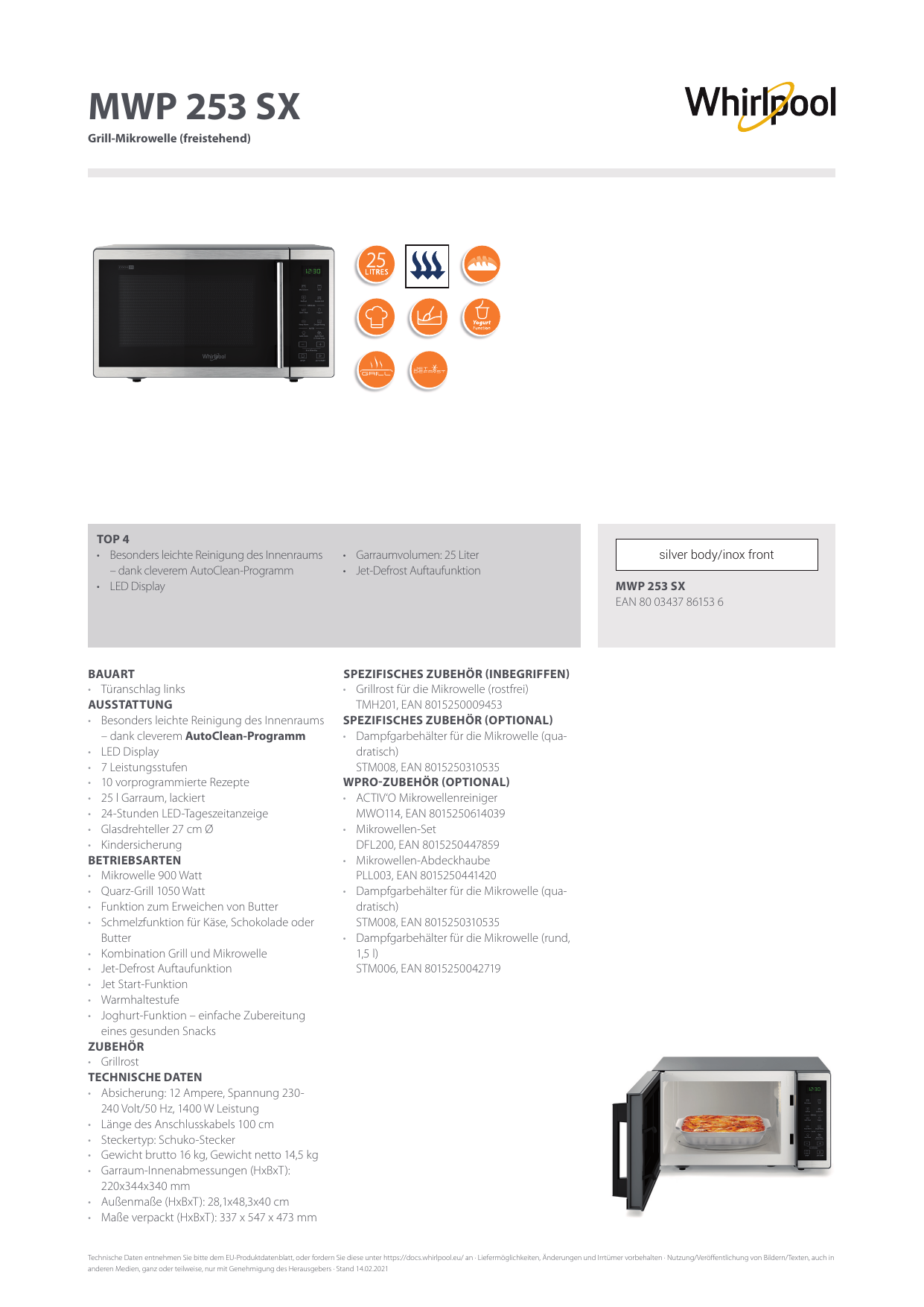 Whirlpool MWP 253 SX Microwave Product Data Sheet | Manualzz
