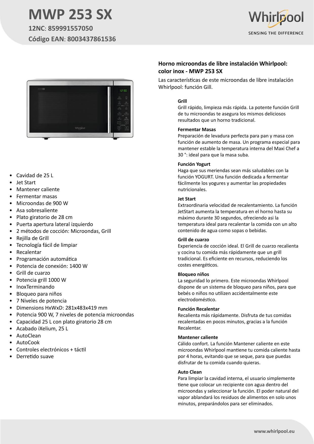 Whirlpool MWP 253 SX Microwave Product Data Sheet | Manualzz