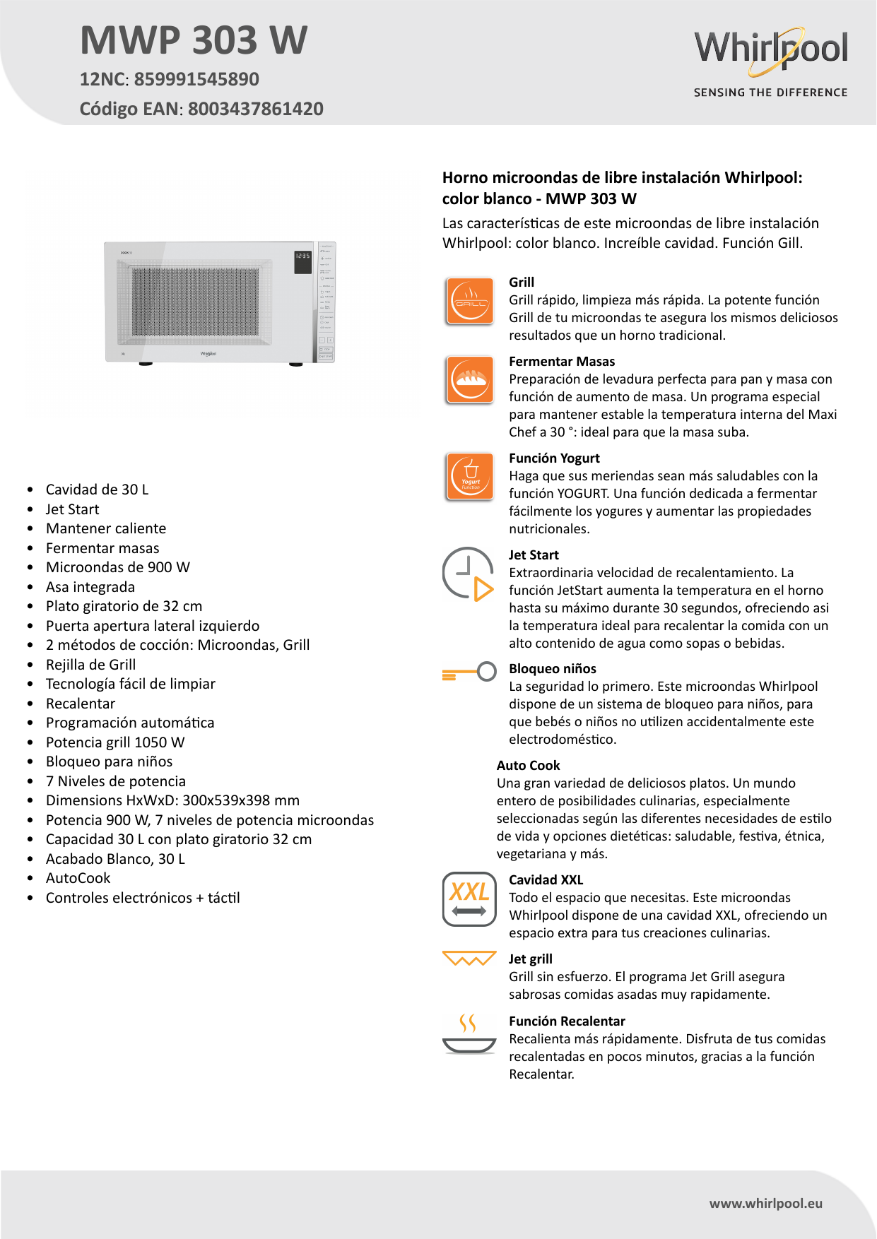 Whirlpool MWP 303 W Microwave Product Data Sheet | Manualzz