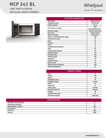 Whirlpool MCP 341 BL Microwave Product Data Sheet | Manualzz