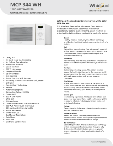Whirlpool MCP 344 WH Microwave Product Data Sheet | Manualzz