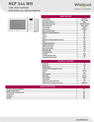 Whirlpool MCP 344 WH Microwave Product Data Sheet | Manualzz