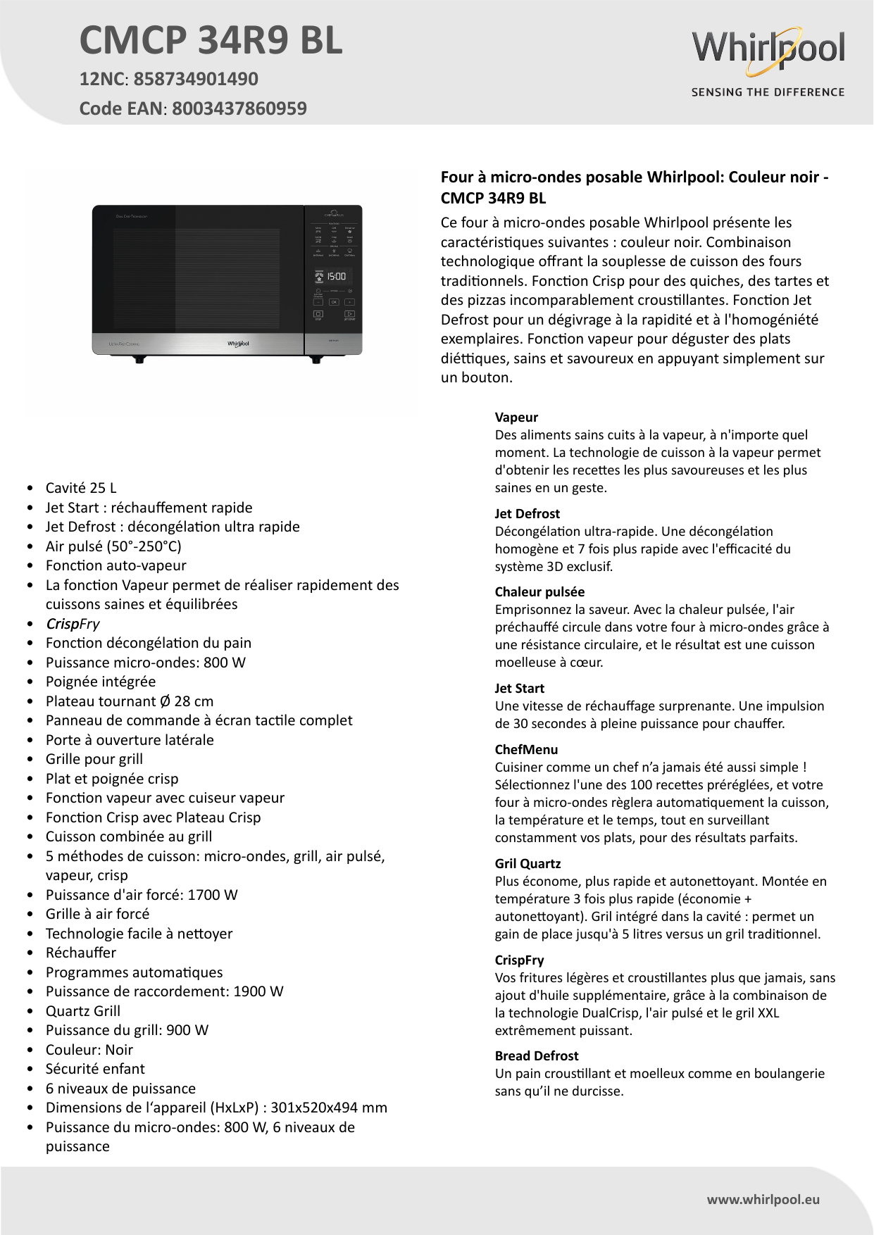 Micro-ondes posable Whirlpool - JT 469 BL