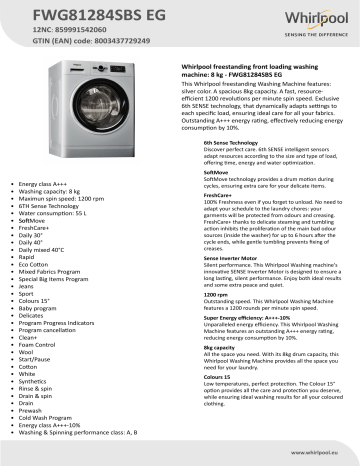 whirlpool fwg81284sbs eg freestanding front loading washing machine 8kg