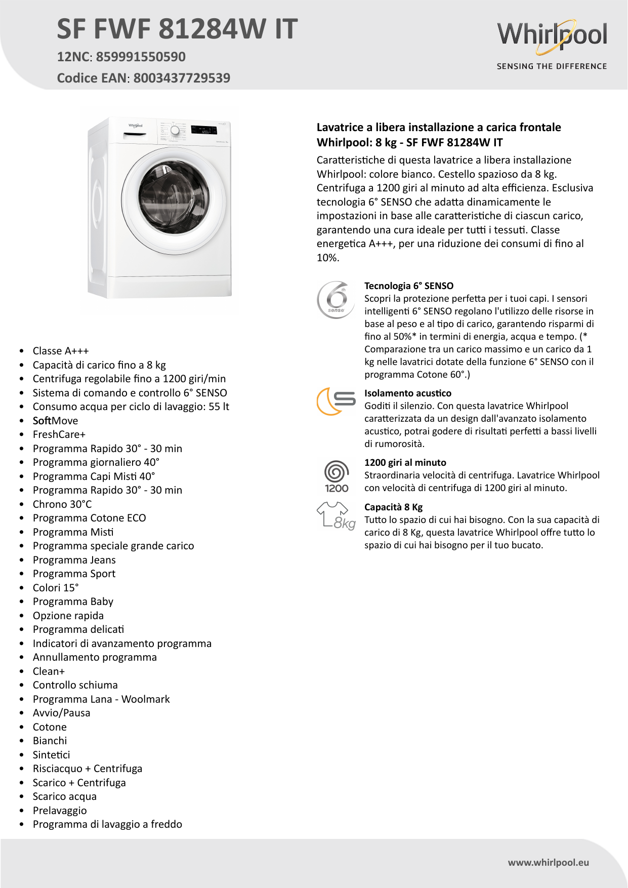 Whirlpool SF FWF 81284W IT Washing machine Product Data Sheet | Manualzz