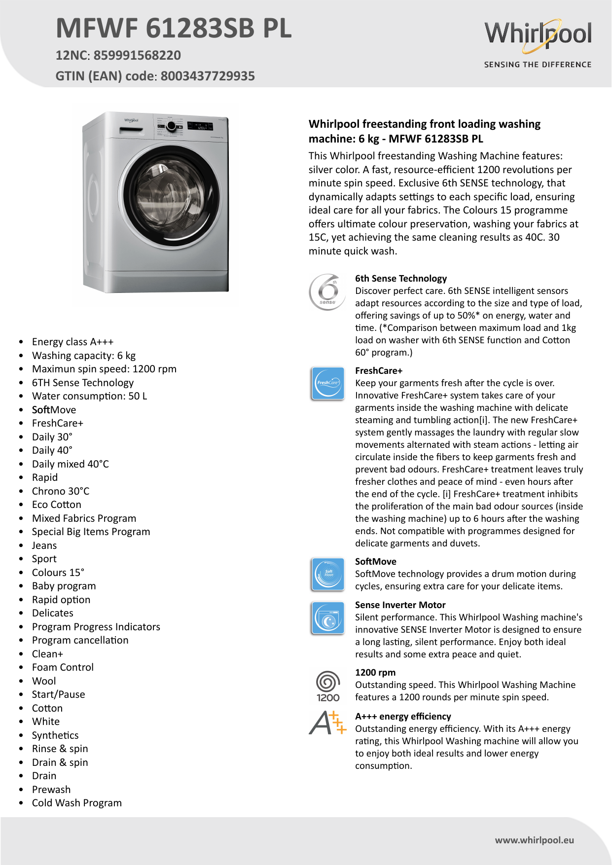Whirlpool MFWF 61283SB PL Washing machine Product Data Sheet | Manualzz