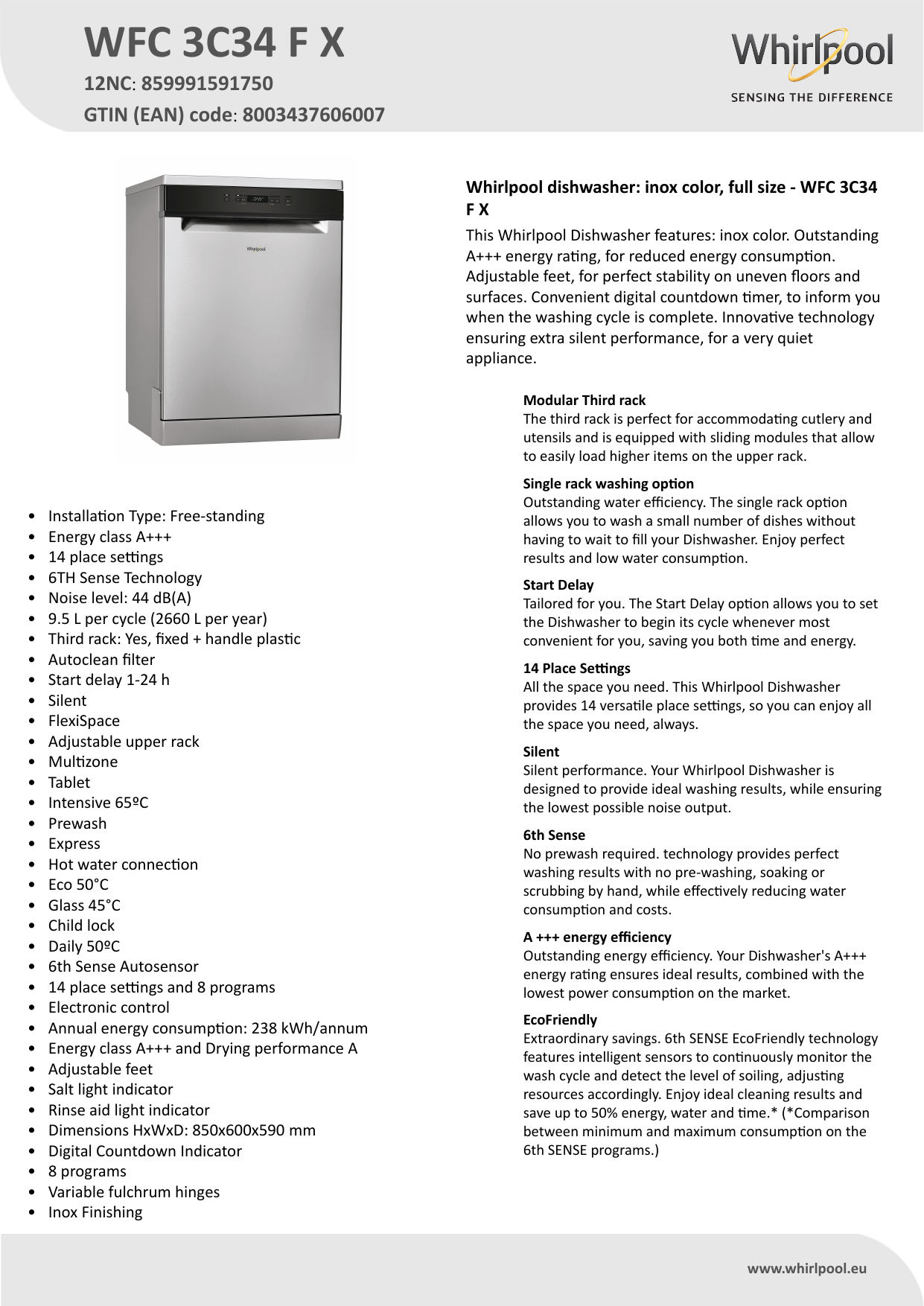 Whirlpool WFC 3C34 F X Dishwasher Product Data Sheet | Manualzz