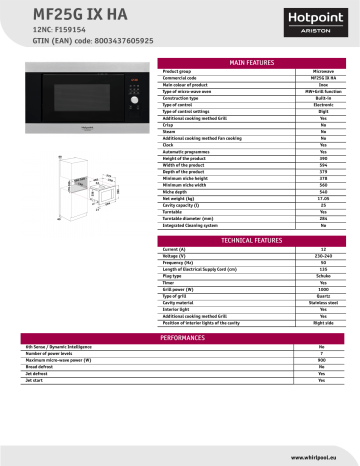 HOTPOINT/ARISTON MF25G IX HA Microwave Product Data Sheet | Manualzz