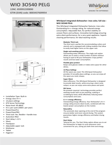 Whirlpool WIO 3O540 PELG Dishwasher Product Data Sheet | Manualzz