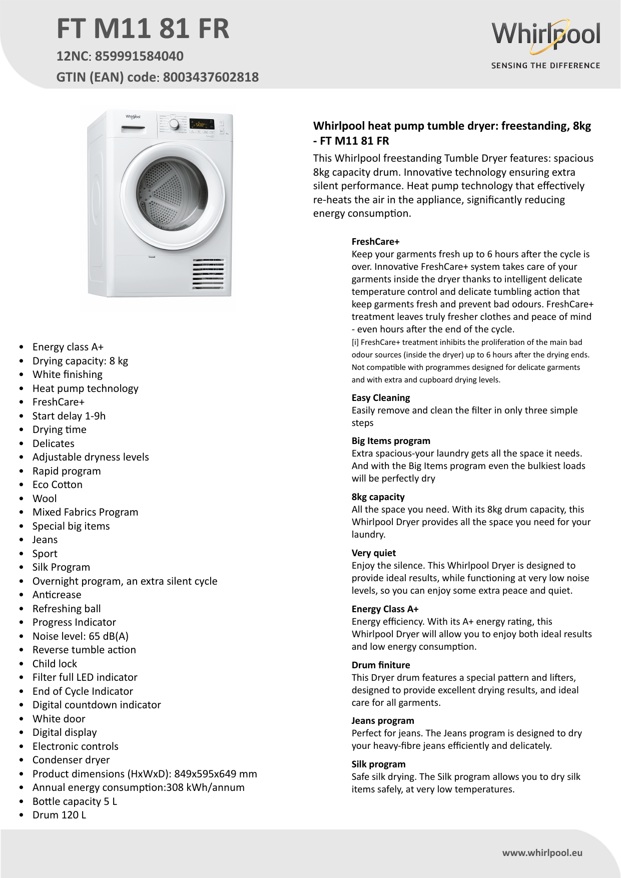 Whirlpool FT M11 81 FR Dryer Product Data Sheet | Manualzz