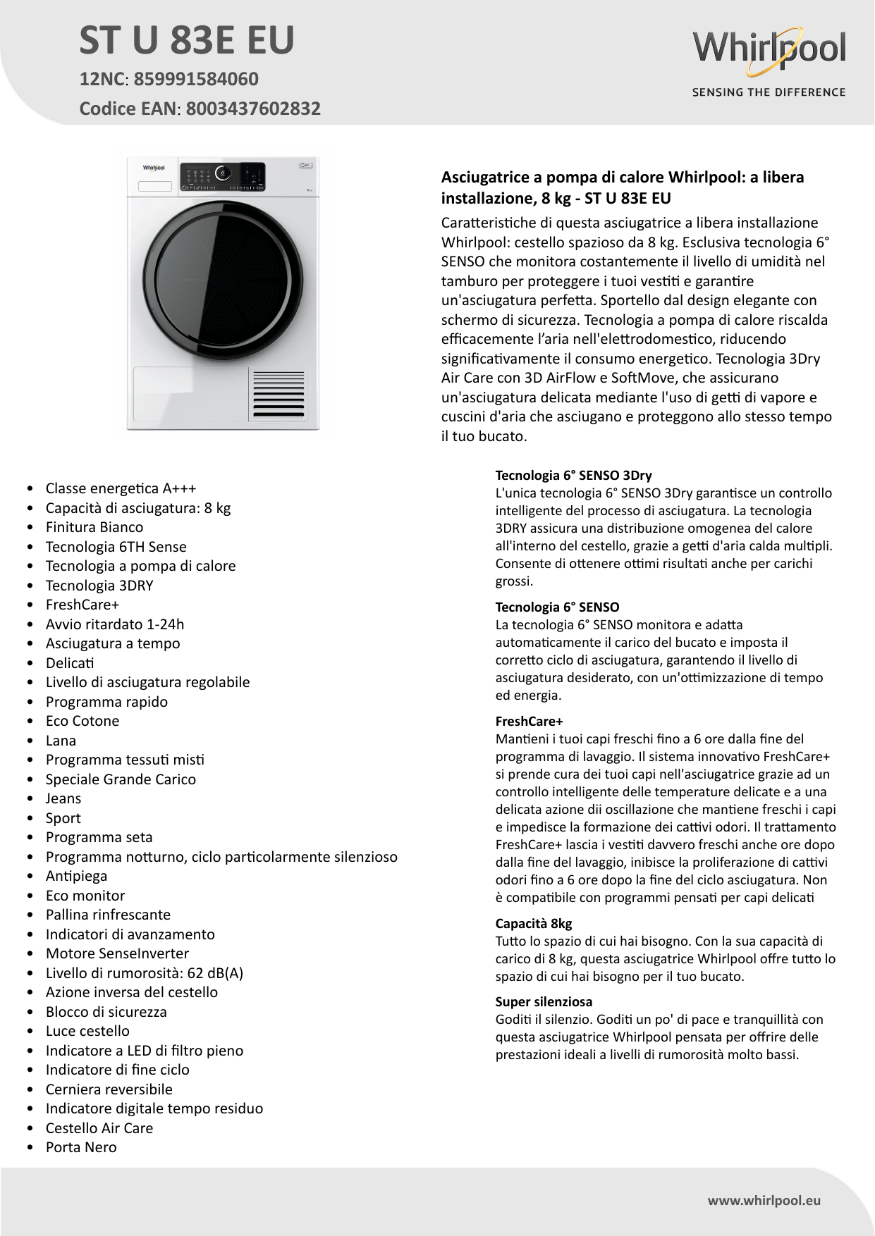 Whirlpool ST U 83E EU Dryer Product Data Sheet | Manualzz